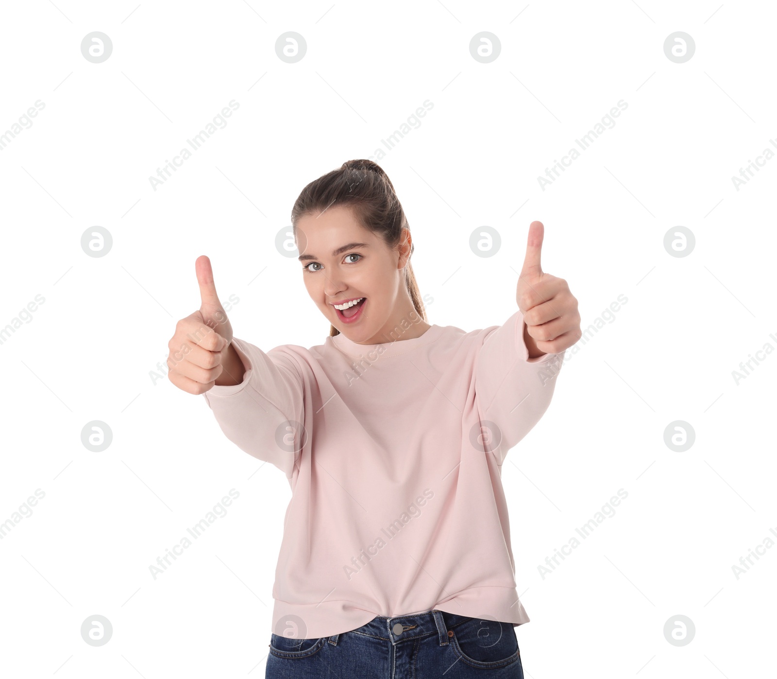 Photo of Portrait of emotional young woman on white background