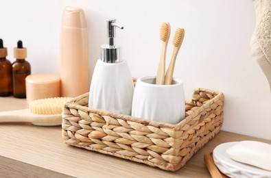 Photo of Different bath accessories and personal care products indoors