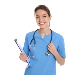 Photo of Portrait of medical doctor with clipboard and stethoscope isolated on white