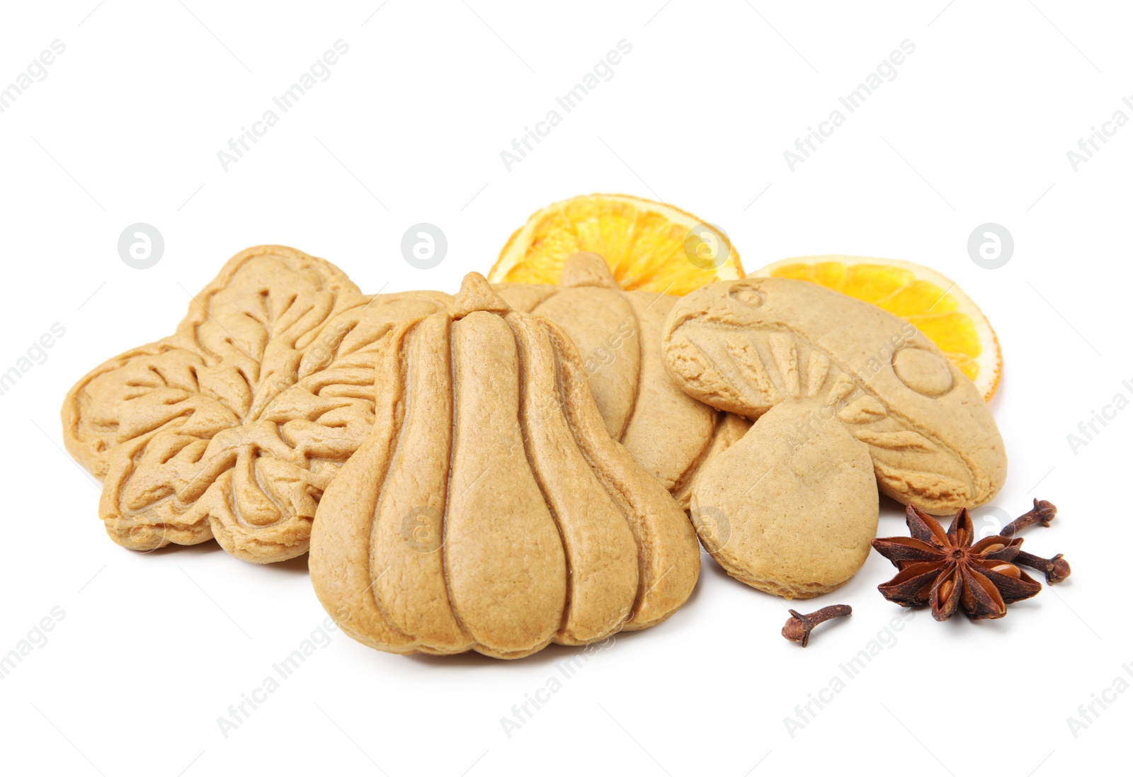 Photo of Different tasty cookies and spices on white background