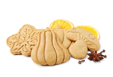 Photo of Different tasty cookies and spices on white background