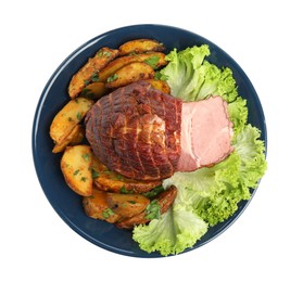 Photo of Delicious ham with lettuce and potatoes isolated on white, top view
