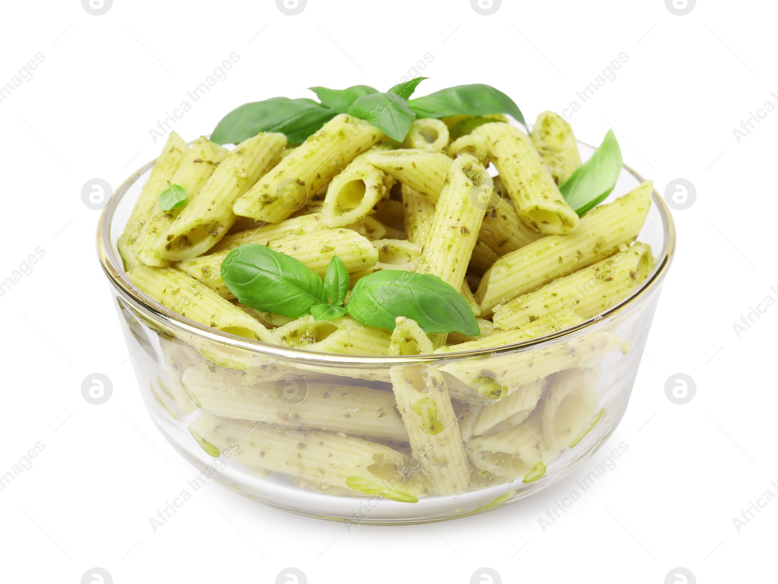 Photo of Delicious pasta with pesto sauce and basil isolated on white