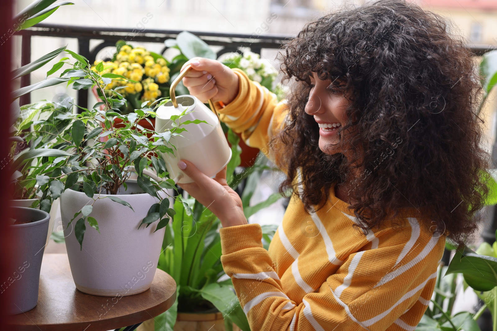 Photo of Beautiful young woman watering green houseplants on balcony