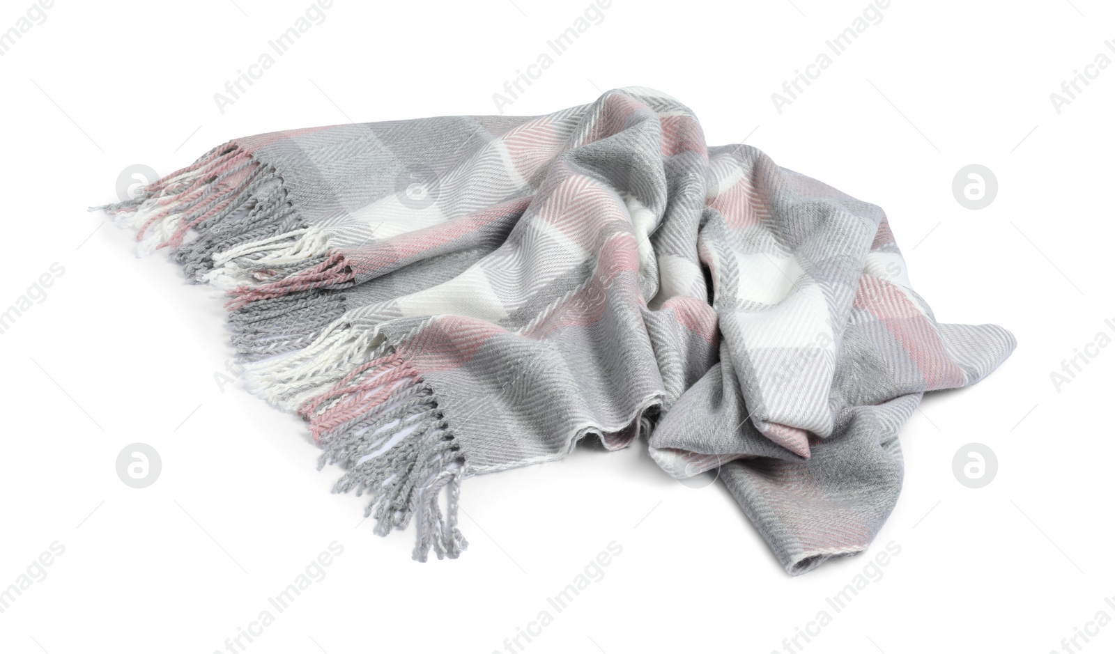 Photo of One beautiful checkered scarf on white background