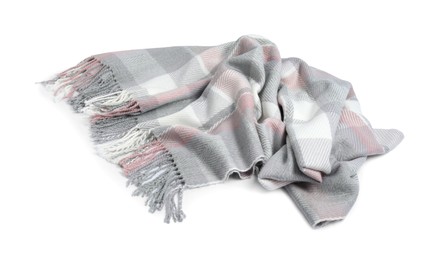 Photo of One beautiful checkered scarf on white background