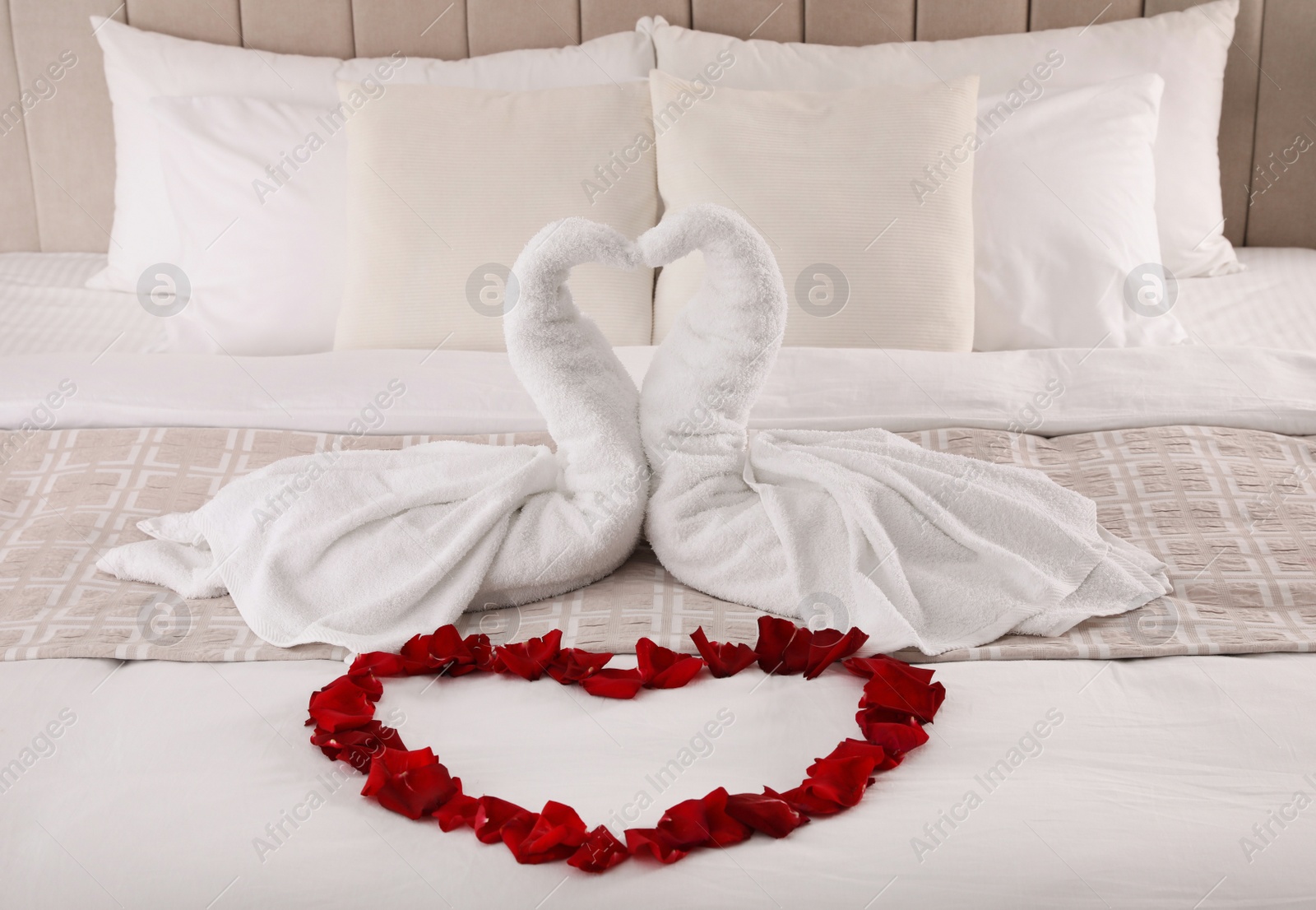 Photo of Beautiful composition on bed. Swans made of towels and rose petals arranged in heart shape