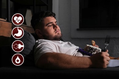 Image of Virtual icons demonstrating different health problems and overweight man eating sweets in living room
