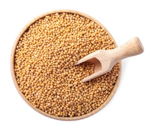 Photo of Mustard seeds with wooden bowl and scoop isolated on white, top view
