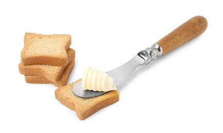 Photo of Butter curl, knife and pieces of dry bread isolated on white