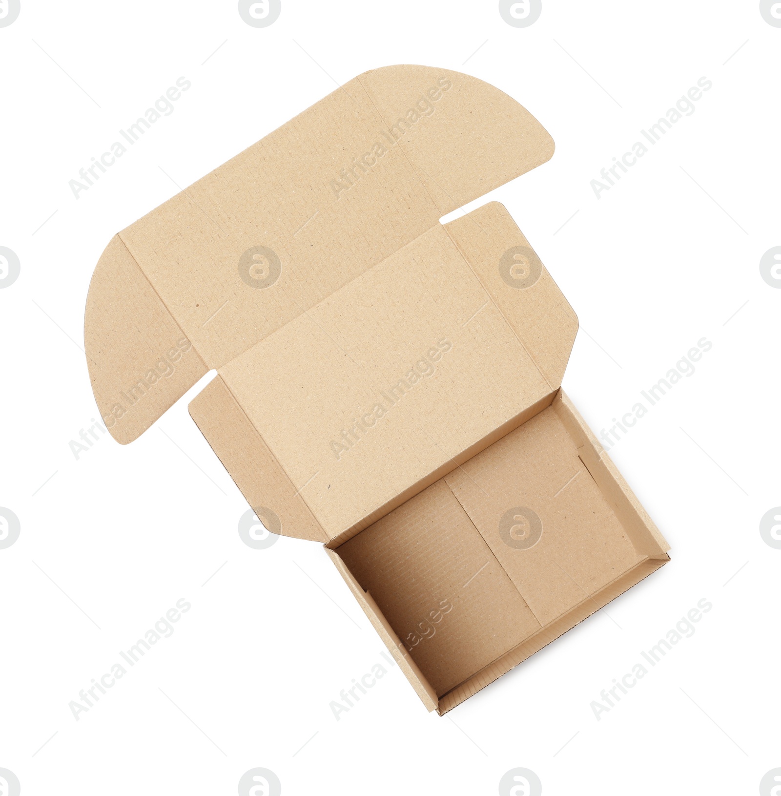 Photo of Empty open cardboard box isolated on white, top view