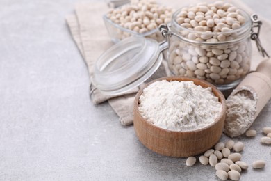 Photo of Bean flour and seeds on light grey table. Space for text