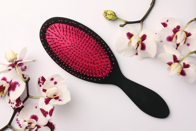 Stylish hairbrush and orchid flowers on white background, top view