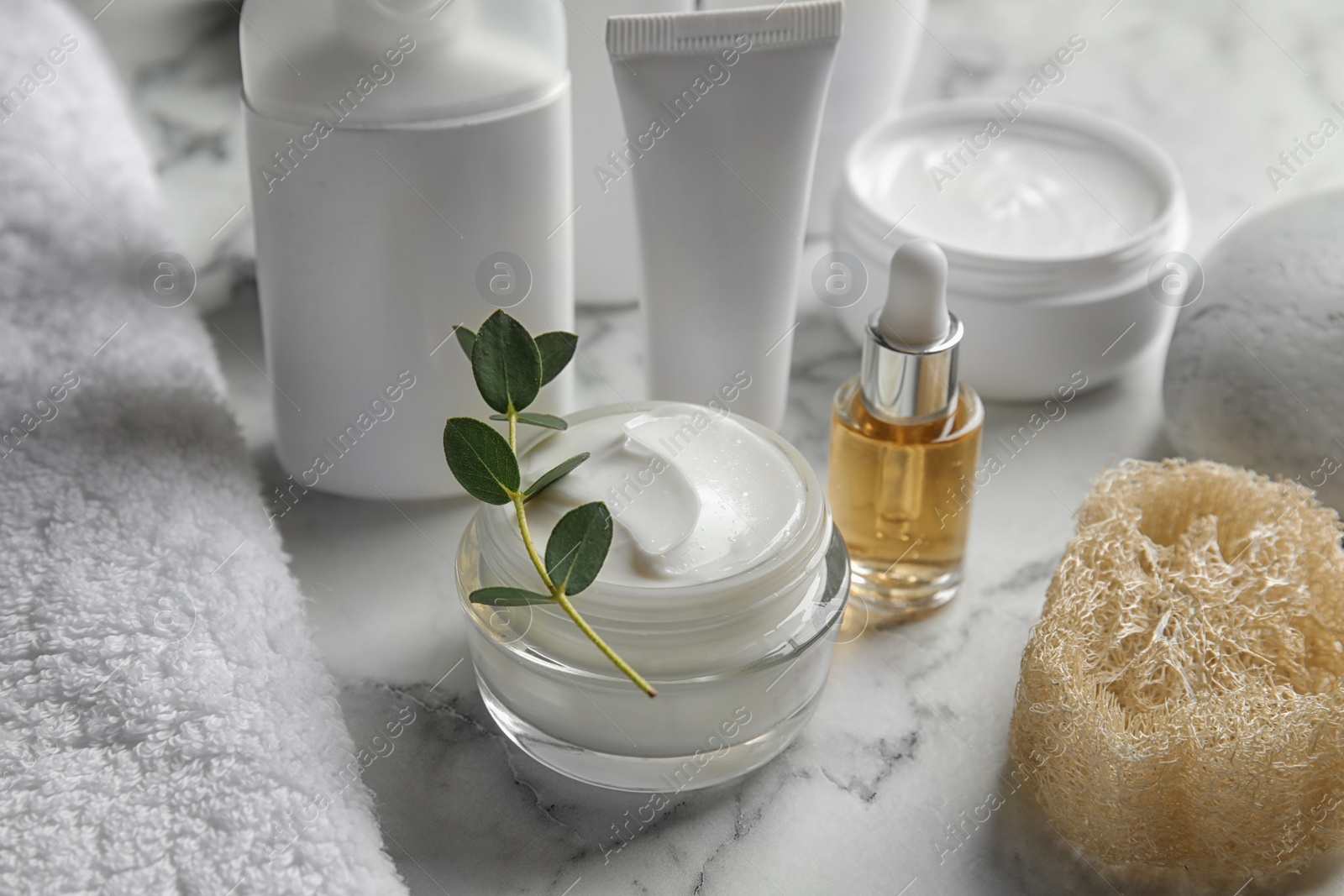 Photo of Composition with different body care products on table
