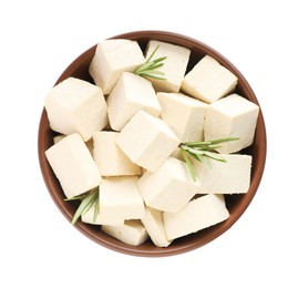 Photo of Bowl with delicious tofu and rosemary isolated on white, top view