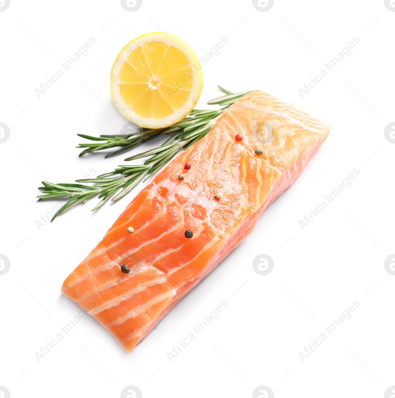 Photo of Fresh salmon with rosemary and lemon on white background