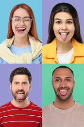 Collage with photos of people showing their tongues on different color backgrounds