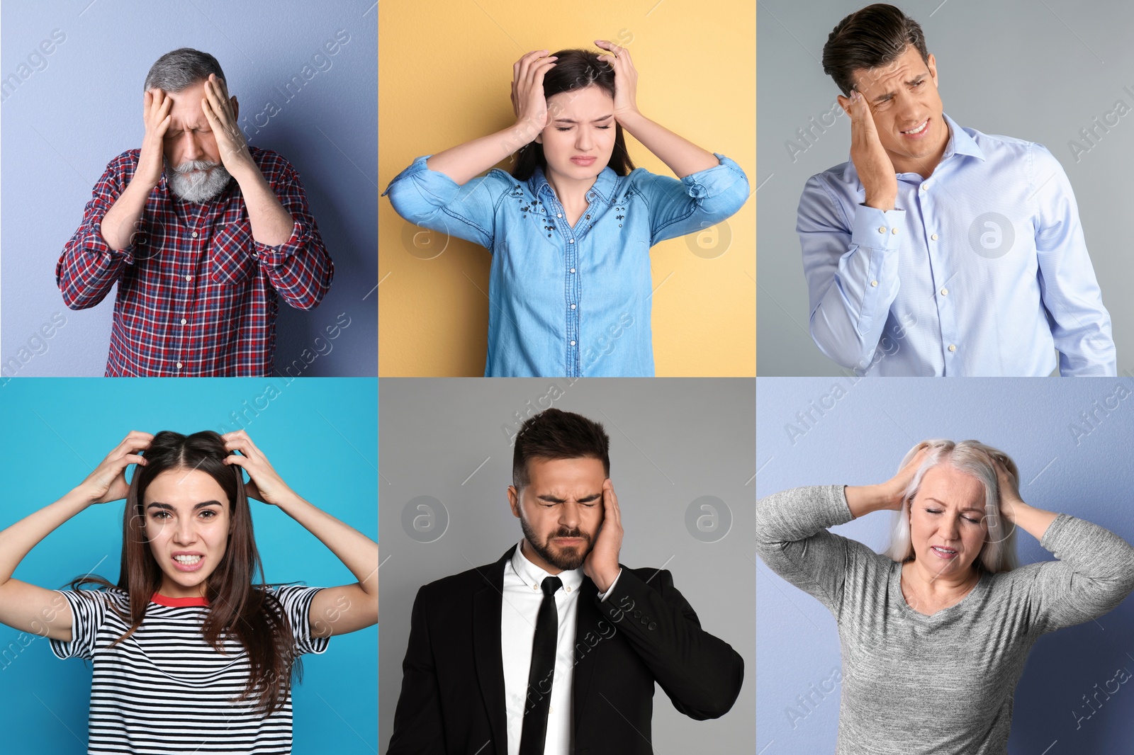 Image of Collage with stressed people on different color backgrounds