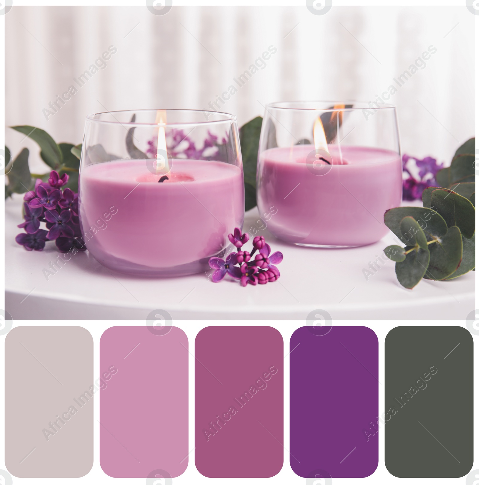 Image of Color palette appropriate to photo of burning candles in glass holders and flowers on white table