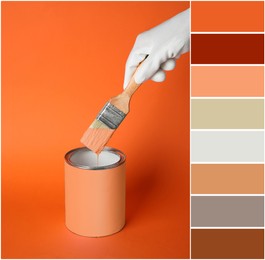 Image of Color palette and person dipping brush into can of paint on orange background