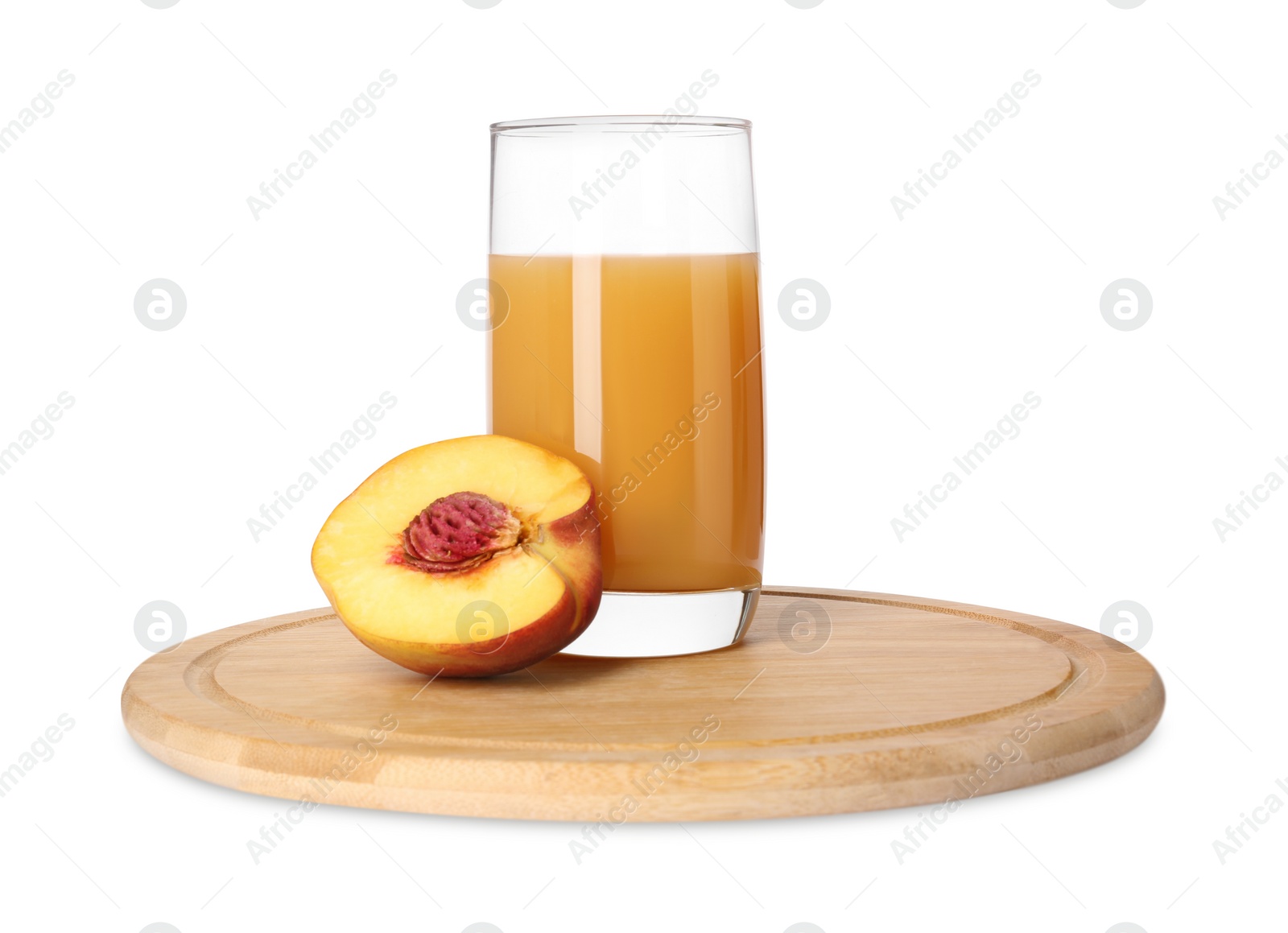 Photo of Glass of delicious juice and cut peach isolated on white