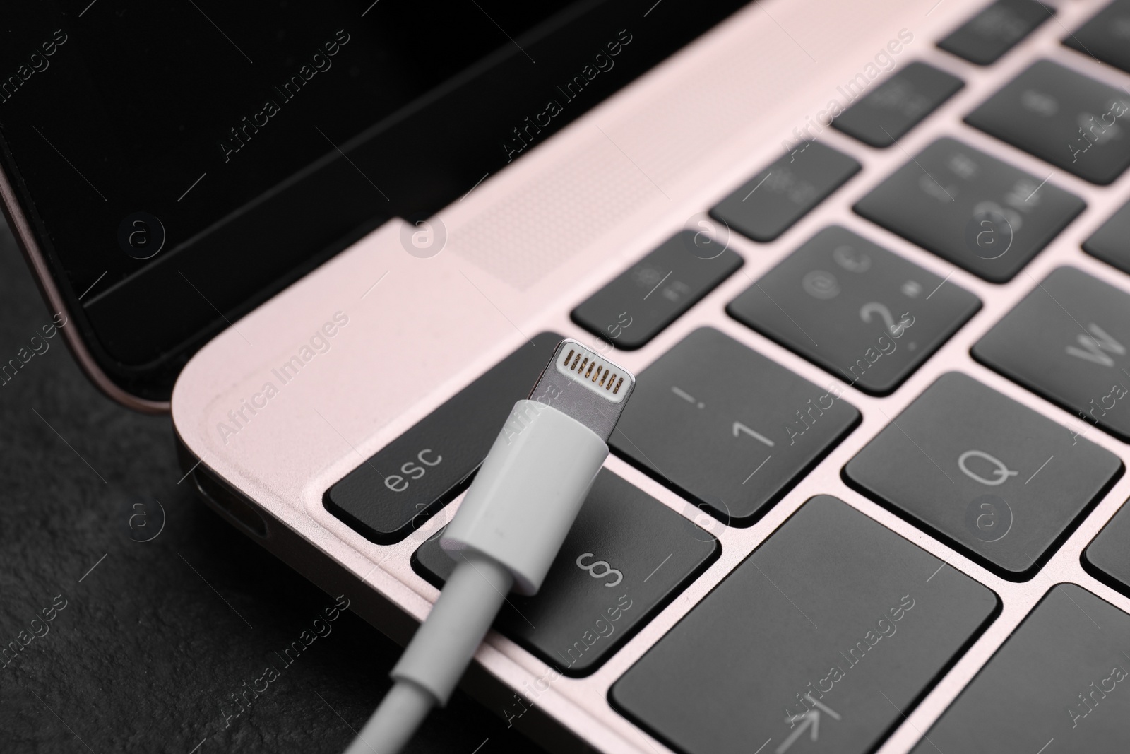 Photo of USB cable with lightning connector and laptop on black slate table, closeup