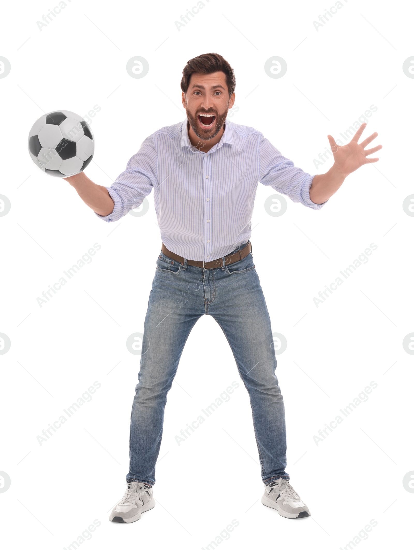 Photo of Emotional sports fan with soccer ball on white background