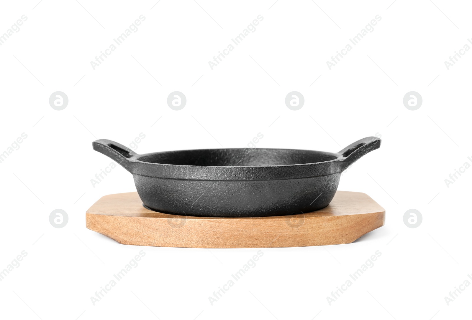 Photo of Frying pan and wooden board isolated on white. Cooking utensils