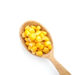 Photo of Wooden spoon with corn kernels on white background, top view