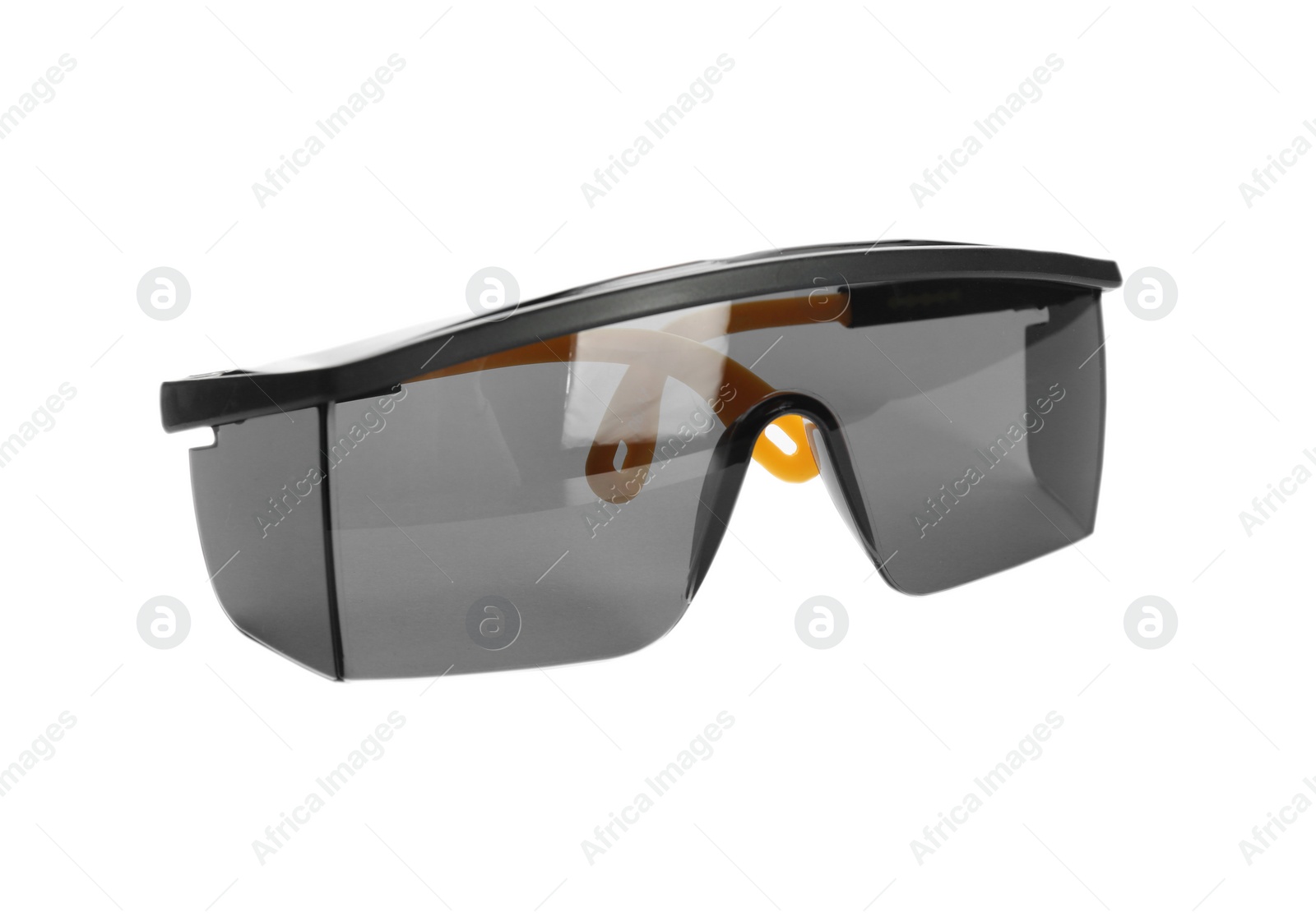 Photo of Protective goggles on white background. Safety equipment