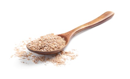 Photo of Wooden spoon with wheat bran on white background