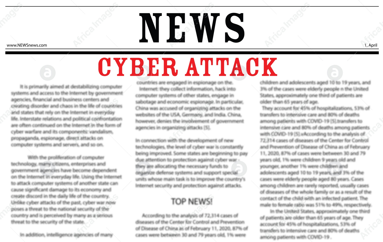 Illustration of Closeup view of newspaper with headline CYBER ATTACK