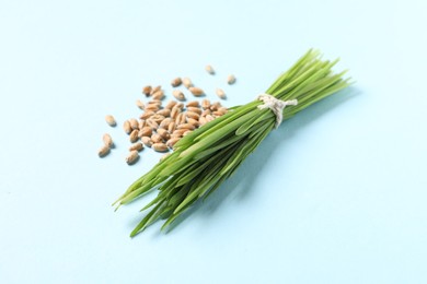 Sprouts of wheat grass and seeds on light blue background, closeup