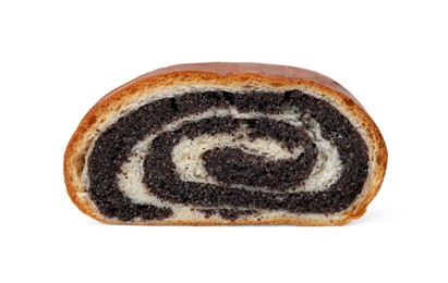 Photo of One slice of poppy seed roll isolated on white. Tasty cake