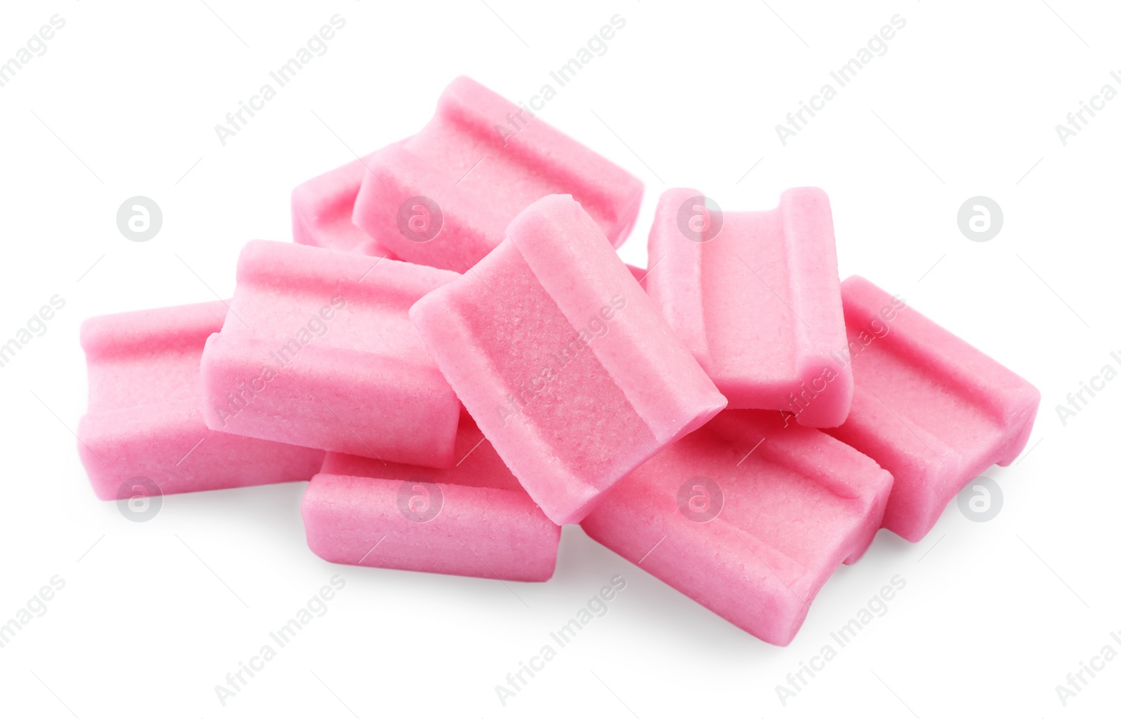 Photo of Pile of tasty pink chewing gums on white background