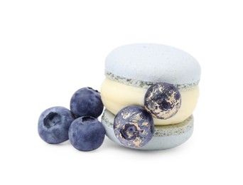 Photo of Delicious macaron with blueberries isolated on white