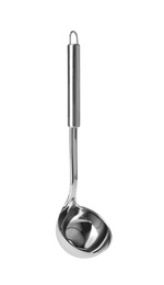 Photo of Stainless steel soup ladle on white background. Kitchen utensils