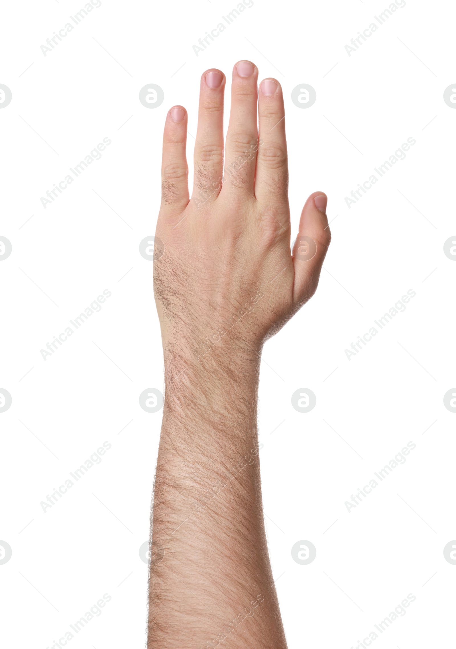 Photo of Man against white background, closeup of hand