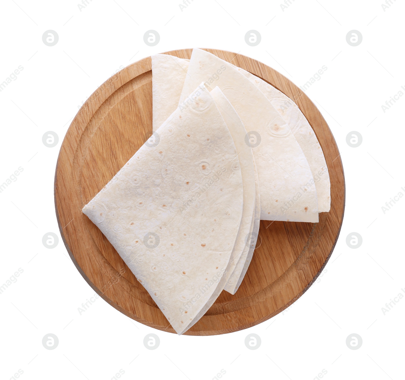 Photo of Wooden tray with delicious Armenian lavash on white background, top view