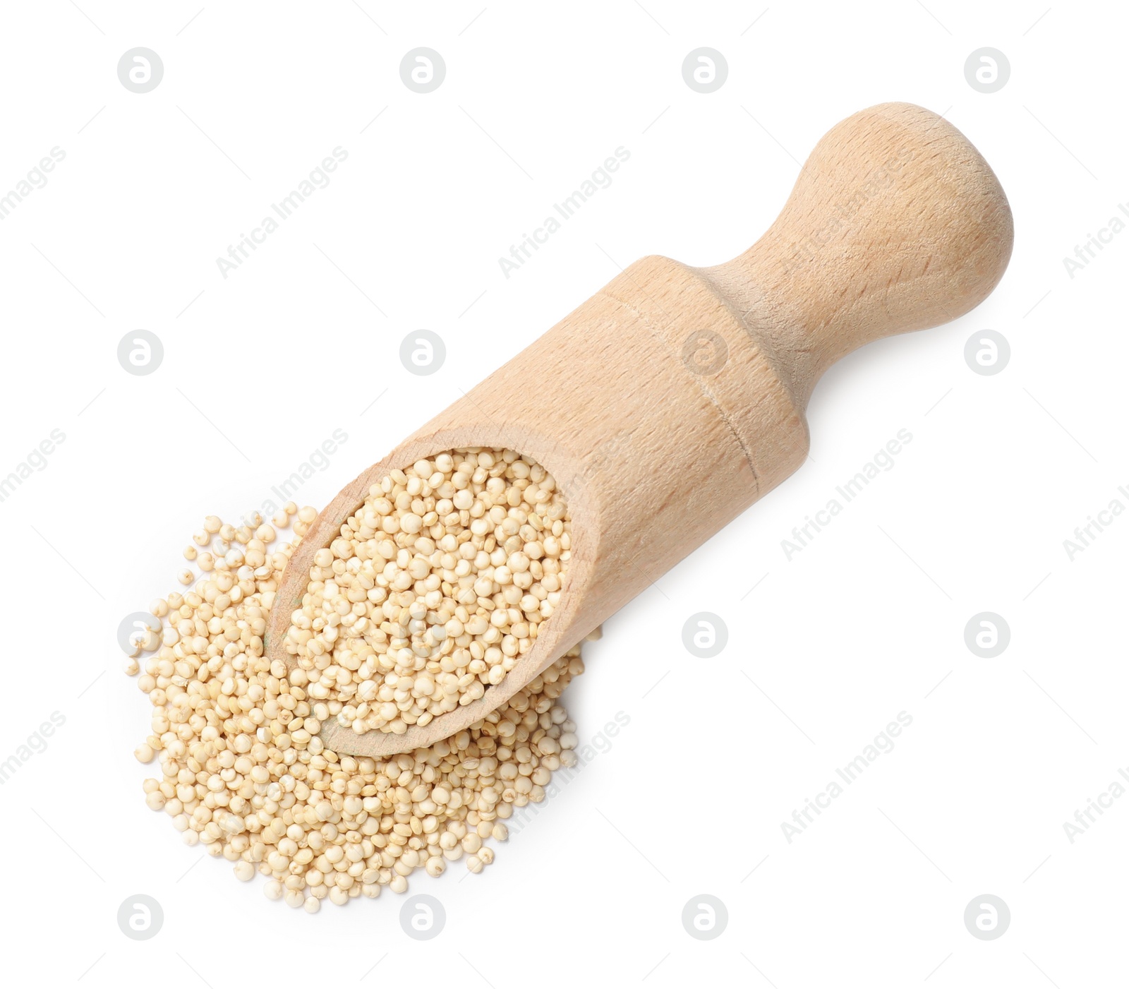 Photo of Wooden scoop with raw quinoa isolated on white, top view