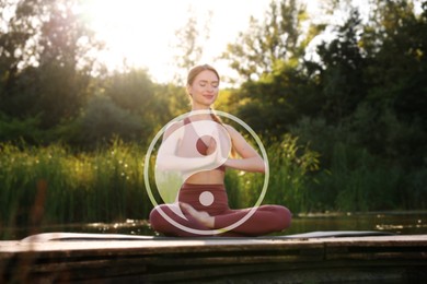 Beautiful woman meditating on wooden pier near pond. Yin and yang symbol