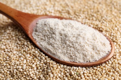 Photo of Wooden spoon with quinoa flour on seeds, closeup