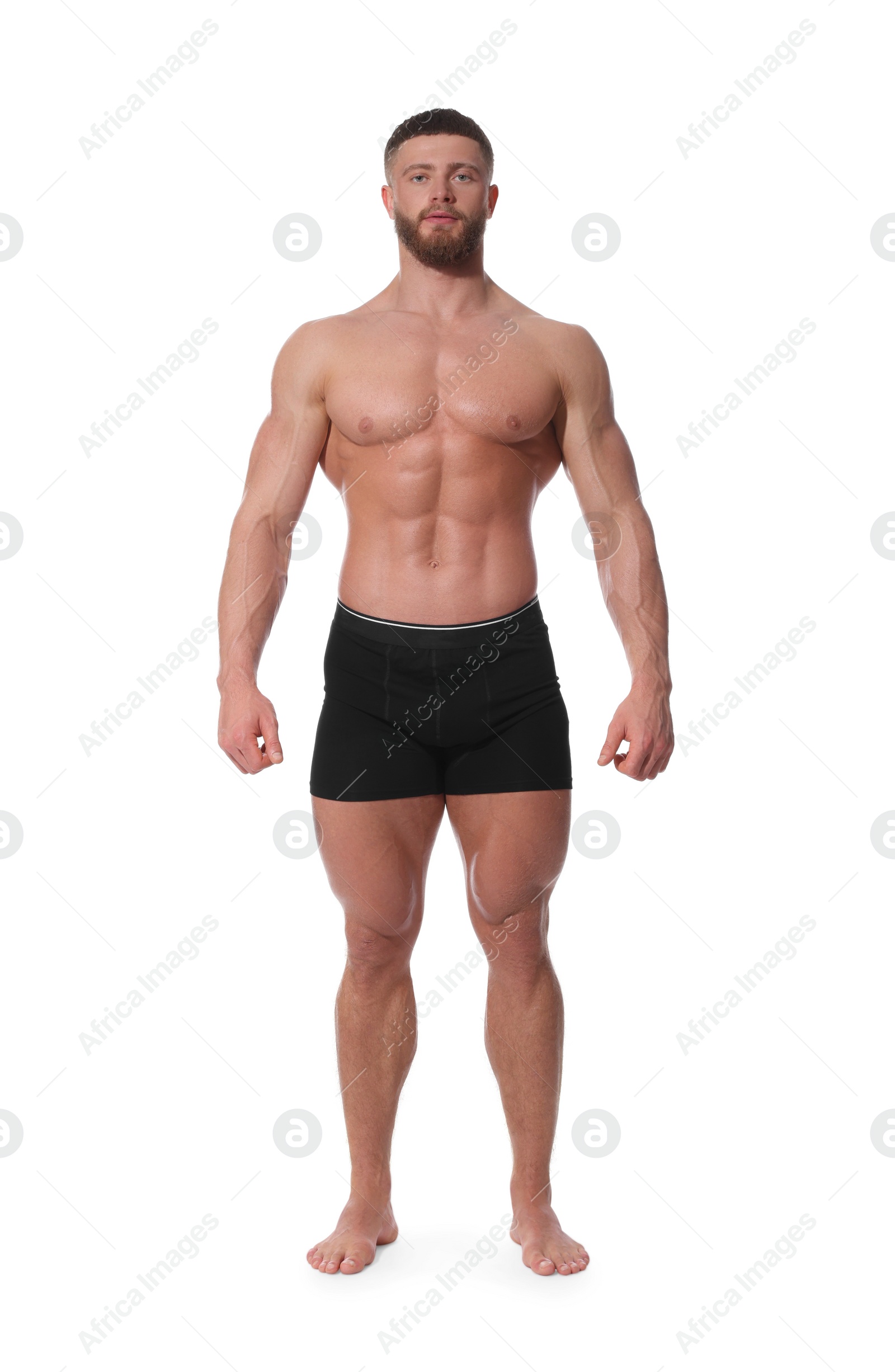 Photo of Young man is stylish black underwear on white background