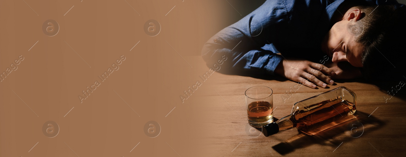 Image of Suffering from hangover. Man with alcoholic drink on table, space for text. Banner design