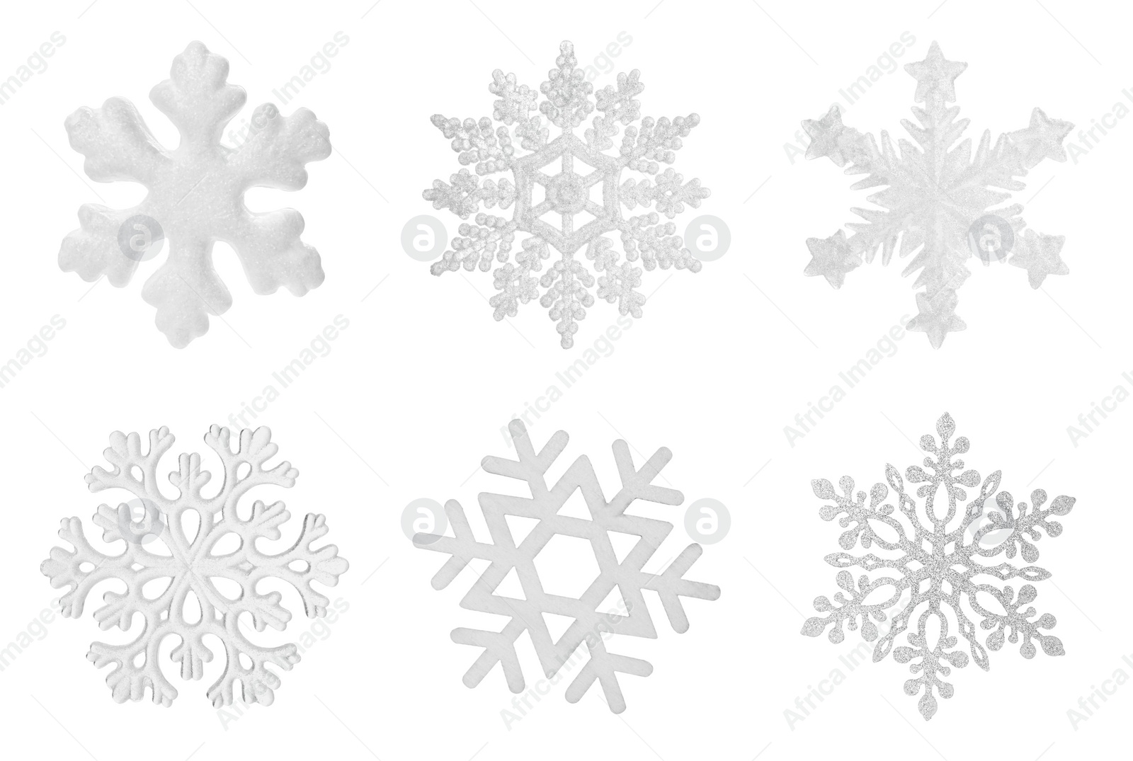 Image of Set of beautiful decorative snowflakes on white background