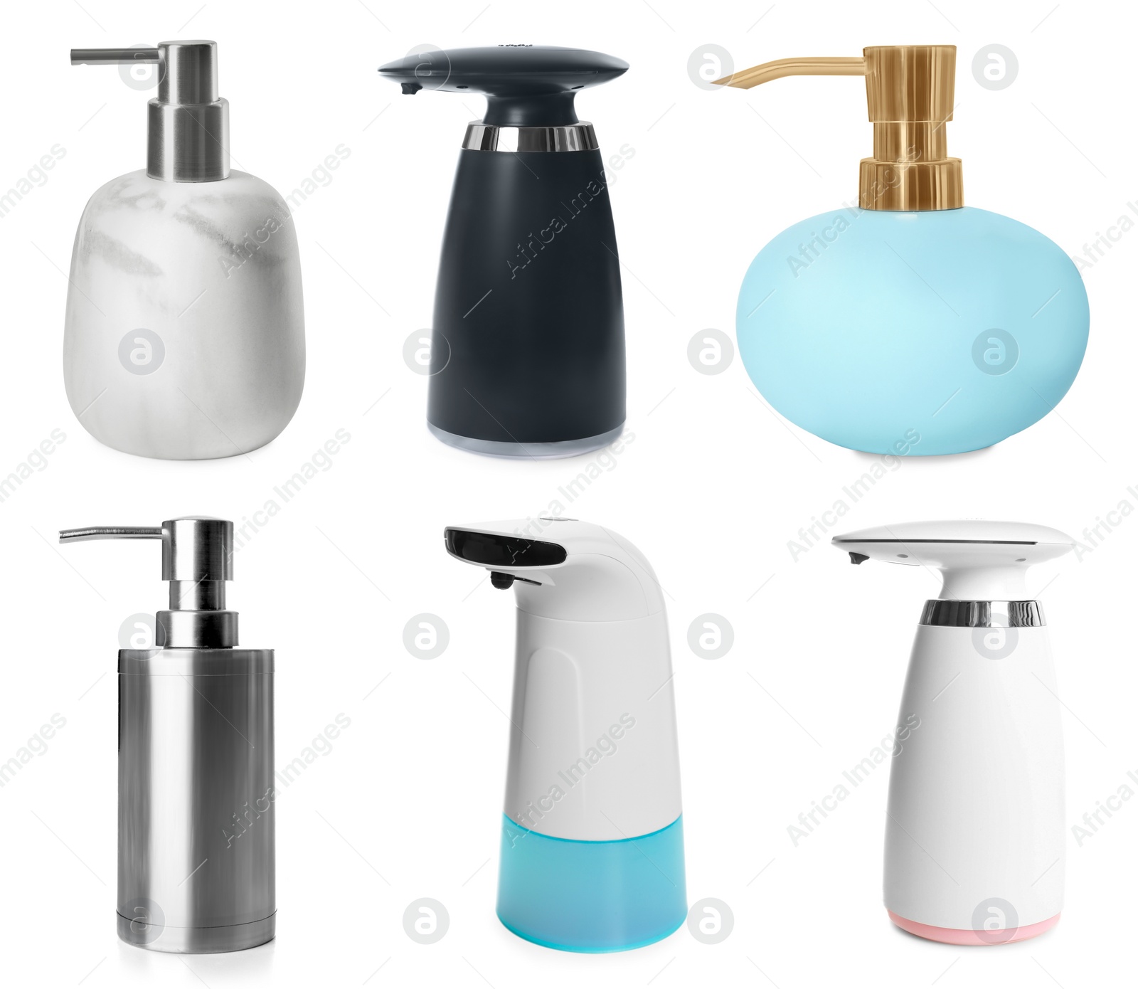 Image of Set of different soap dispensers on white background