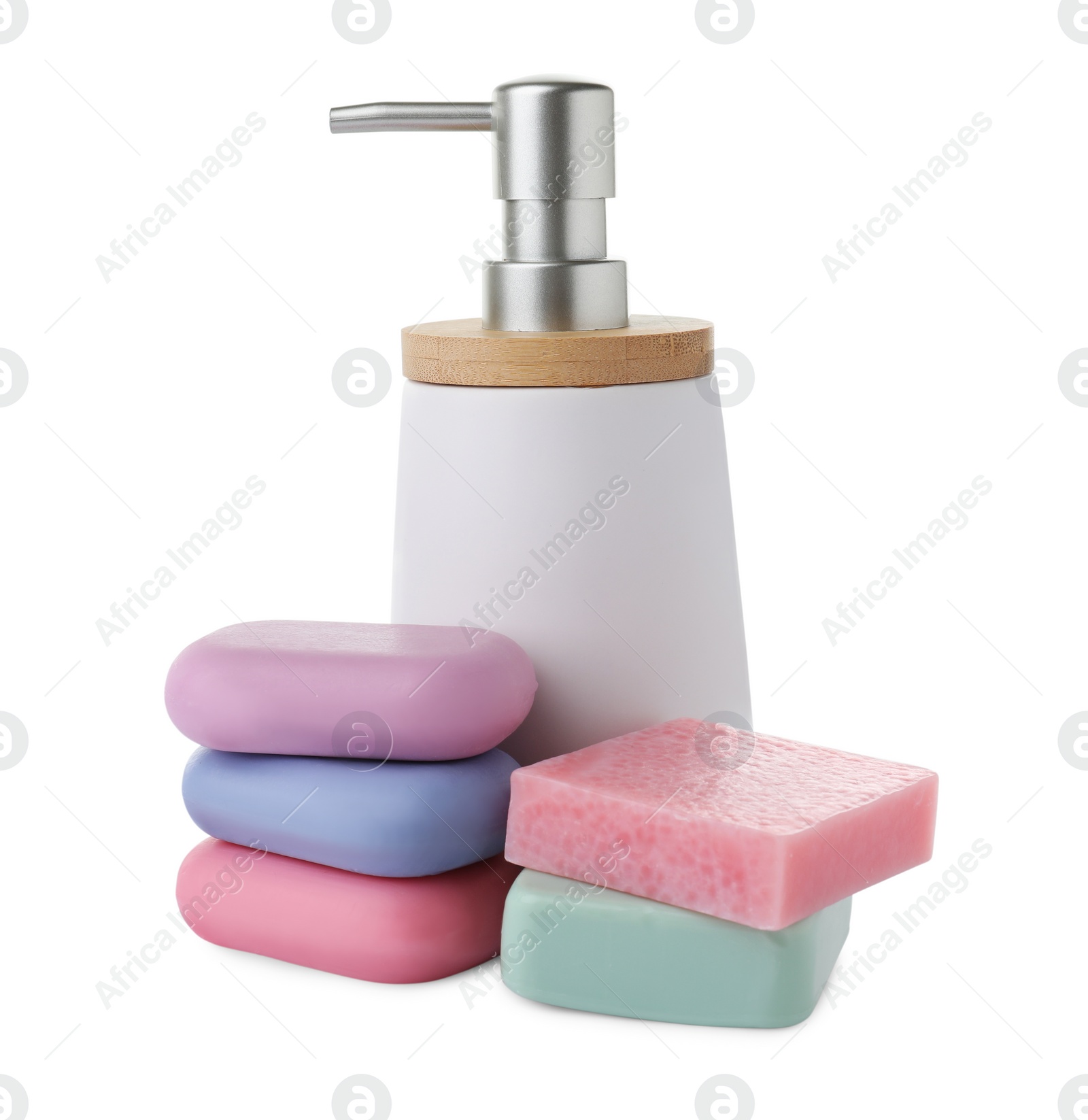 Photo of Different soap bars and dispenser on white background