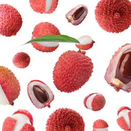 Image of Many lychees falling on white background. Exotic fruit