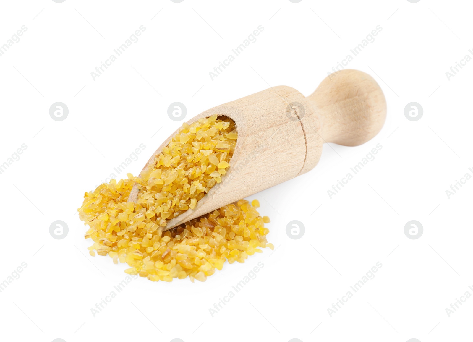 Photo of Scoop with raw bulgur isolated on white