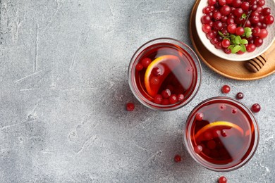 Tasty hot cranberry tea with lemon in glasses and fresh berries on light grey textured table